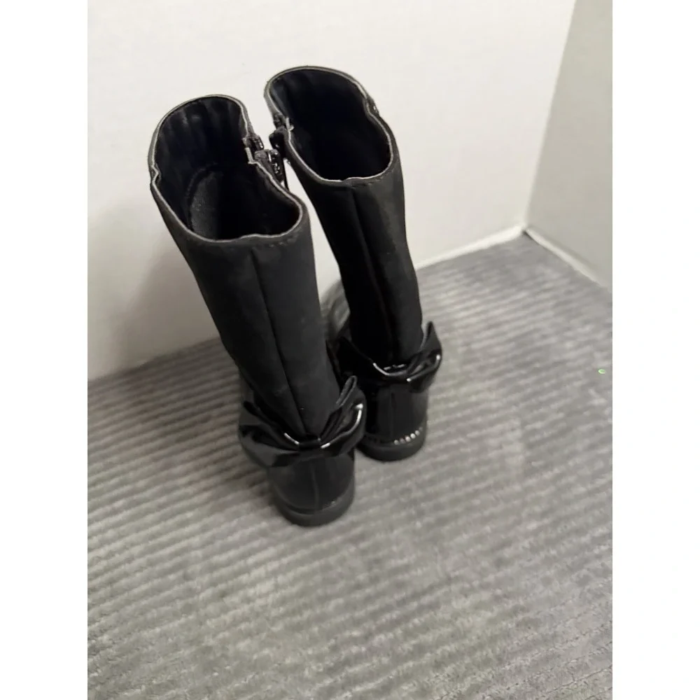 Place Girls Black Leather Round Toe Zipper Mid Calf Chelsea Boots Size 8